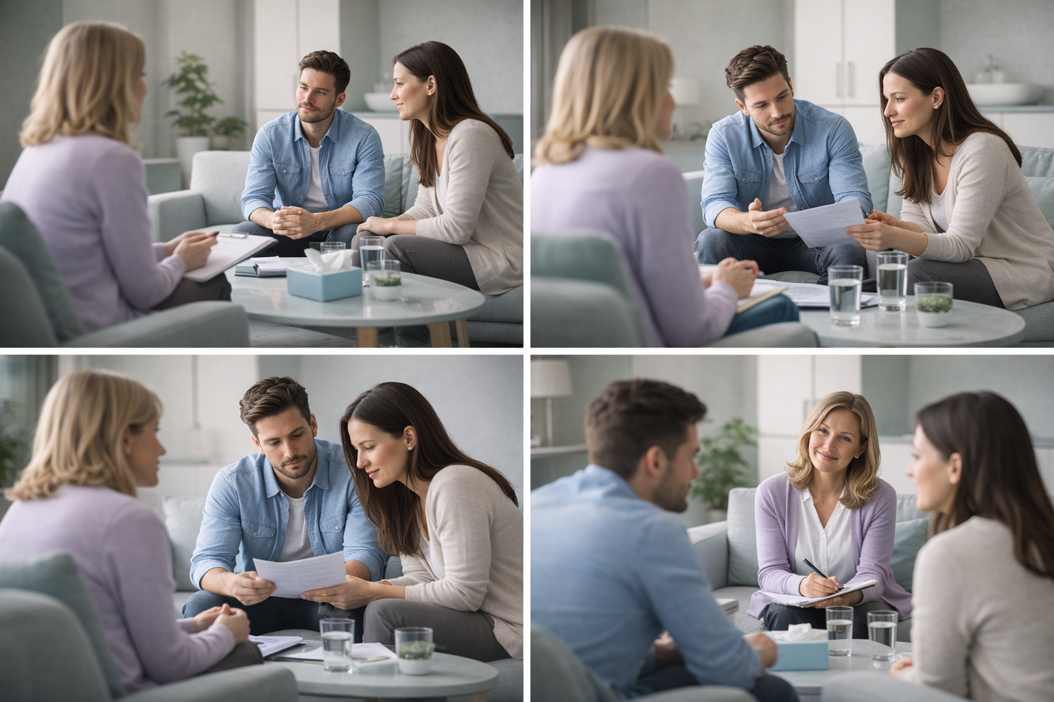 Illustration of a mediator sitting with two people, helping them have a conversation.